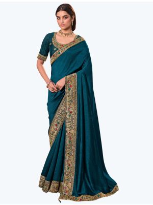 Teal Blue Premium Vichitra Silk Party Wear Designer Saree small FABSA21676