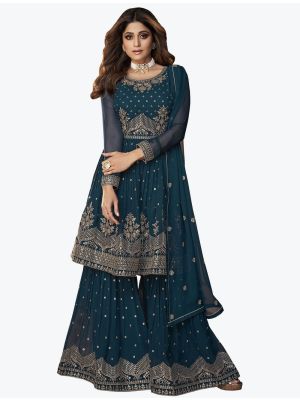 Teal Blue Pure Georgette Stylish Designer Sharara Suit FABSL20951