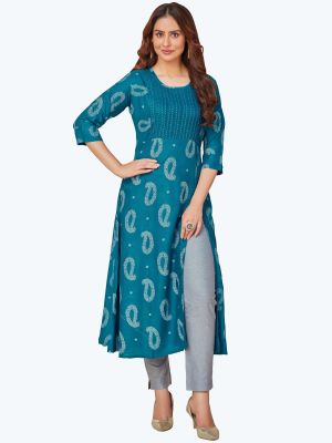 teal fine rayon casual wear printed pintex kurti fabku20559