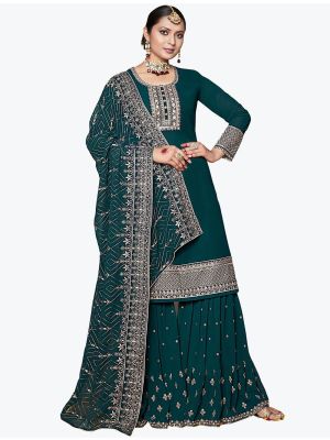 Teal Georgette Festive Wear Premium Designer Sharara Suit small FABSL20888