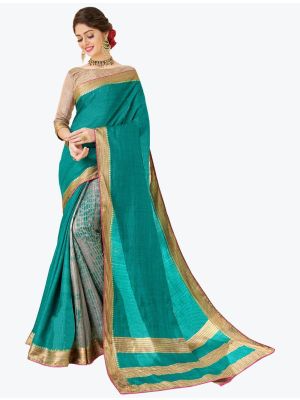 Turquoise Tussar Silk Half N Half Fancy Designer Saree small FABSA21644