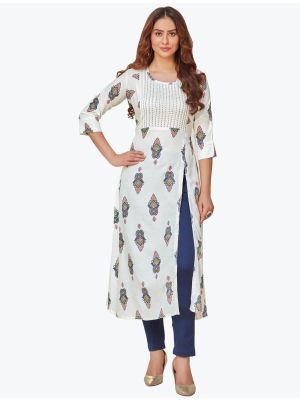 white fine rayon casual wear printed pintex kurti fabku20555