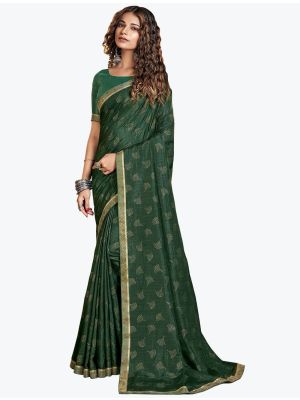 Bottle Green Foil Printed Soft Vichitra Silk Designer Saree small FABSA21736