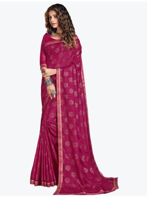 Dark Pink Foil Printed Soft Vichitra Silk Designer Saree small FABSA21734