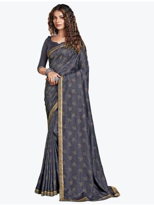 Deep Grey Foil Printed Soft Vichitra Silk Designer Saree small FABSA21735