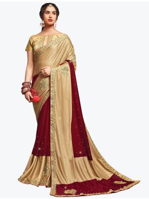 Maroon And Beige Blended Lycra Art Silk Party Wear Designer Saree small FABSA21740