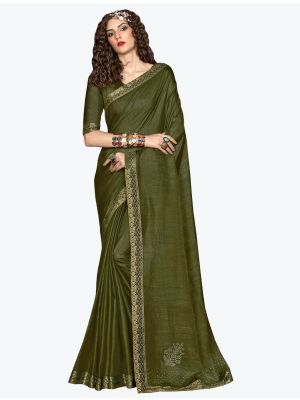 Mehendi Green Soft Vichitra Silk Party Wear Designer Saree small FABSA21725