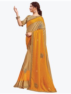 Mustard And Beige Blended Lycra Art Silk Party Wear Designer Saree small FABSA21738