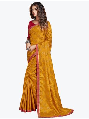 Mustard Yellow Foil Printed Soft Vichitra Silk Designer Saree small FABSA21732