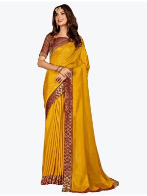 Mustard Yellow Soft Vichitra Silk Party Wear Designer Saree small FABSA21719