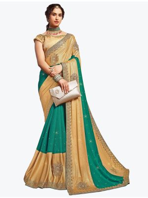 Rama And Beige Blended Lycra Art Silk Party Wear Designer Saree small FABSA21739