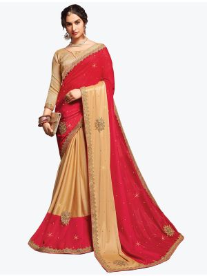 Red And Beige Blended Lycra Art Silk Party Wear Designer Saree small FABSA21742