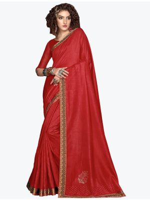 Red Soft Vichitra Silk Party Wear Designer Saree small FABSA21727