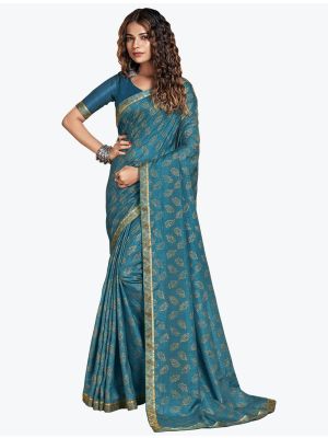 Sea Blue Foil Printed Soft Vichitra Silk Designer Saree small FABSA21731