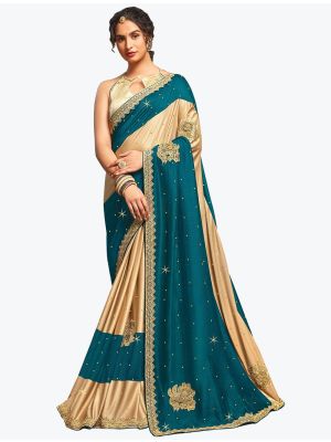 Teal And Beige Blended Lycra Art Silk Party Wear Designer Saree small FABSA21741
