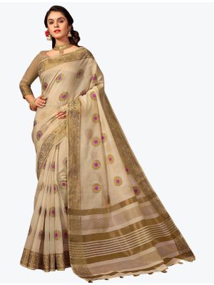 Beige Chanderi Cotton Woven Designer Saree small FABSA21764
