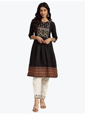 black poly cotton thread embroidered kurti with white trousers fabku20581