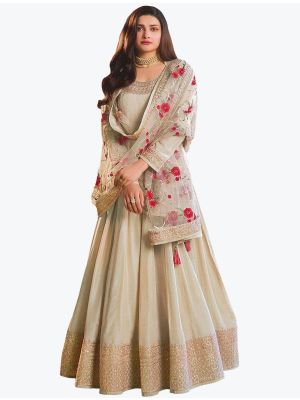 Creamy Beige Dola Silk Embroidered Designer Anarkali Suit small FABSL20988