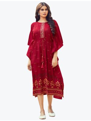 maroon silk readymade long kaftan - free size small fabku20583