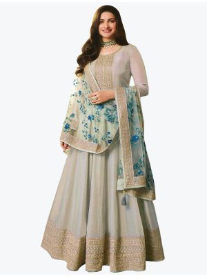 Mint Grey Dola Silk Embroidered Designer Anarkali Suit thumbnail FABSL20993
