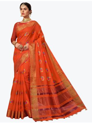 Orange Chanderi Cotton Woven Designer Saree small FABSA21762