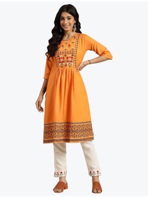 orange poly cotton thread embroidered kurti with white trousers fabku20579