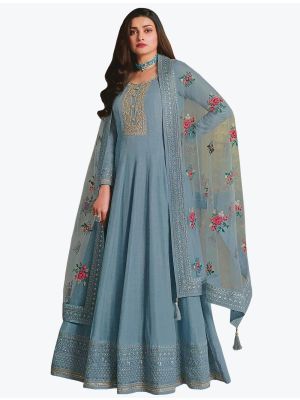 Pastel Blue Dola Silk Embroidered Designer Anarkali Suit small FABSL20989