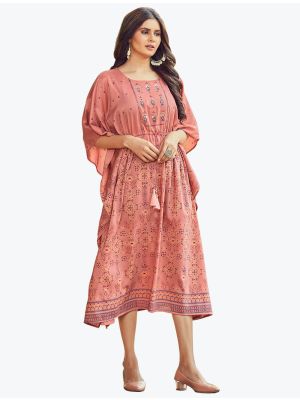 peach silk readymade long kaftan - free size small fabku20586