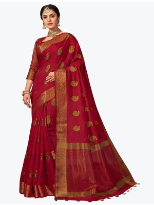 Red Chanderi Cotton Woven Designer Saree small FABSA21765