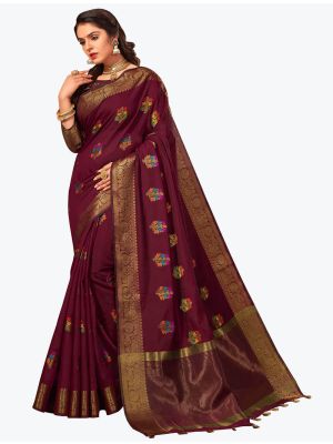 Wine Chanderi Cotton Woven Designer Saree small FABSA21763