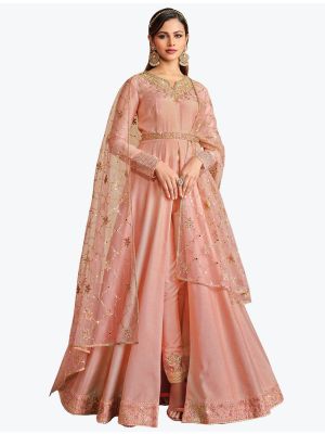 Peachy Pink Premium Russian Silk Anarkali Floor Length Suit small FABSL21033