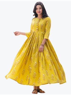 sunny yellow muslin digital printed indo western kurti fabku20603
