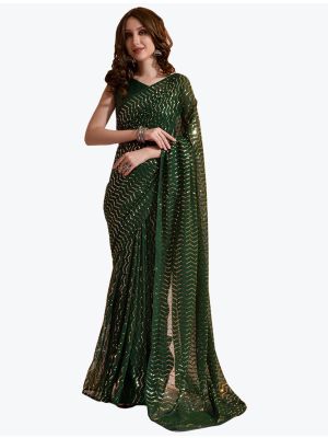 Navy Blue Sequence Embroidered Fancy Party Wear Georgette Saree small FABSA21843