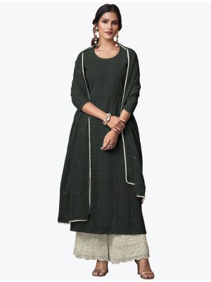 Dark Green Georgette Lucknowi Readymade Palazzo Suit with Dupatta FABSL21054