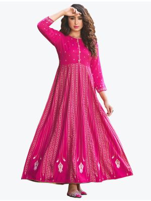 dark pink fine rayon printed long indo western kurti fabku20607