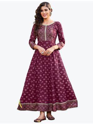 deep wine fine rayon printed long indo western kurti fabku20612