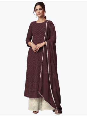 Deep Wine Georgette Lucknowi Readymade Palazzo Suit with Dupatta FABSL21052