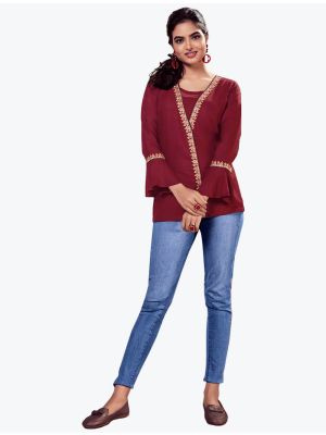 maroon fine rayon embroidered casual wear top fabku20622