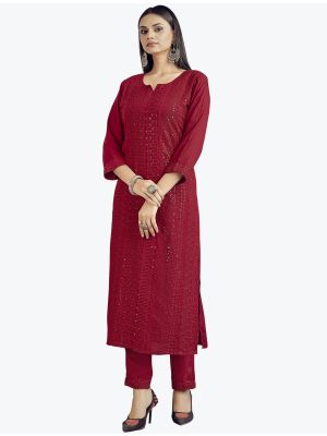 maroon fine rayon embroidered long kurti with palazzo pants fabku20618