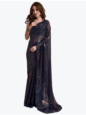 Teal Blue Sequence Embroidered Fancy Party Wear Georgette Saree small FABSA21844