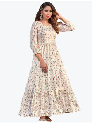 off white fine rayon printed long indo western kurti fabku20611