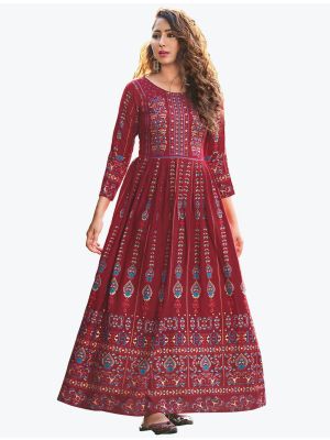 royal maroon fine rayon printed long indo western kurti fabku20609