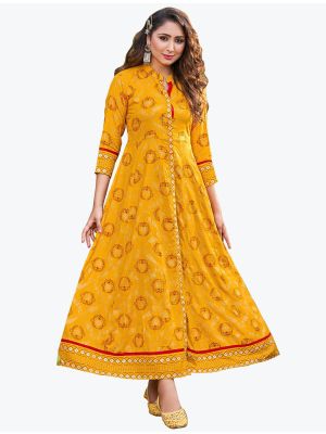 sunny yellow fine rayon printed long indo western kurti fabku20613