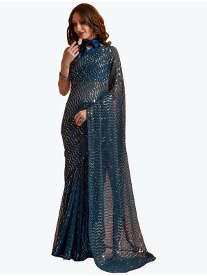 Royal Red Sequence Embroidered Fancy Party Wear Georgette Saree small FABSA21845