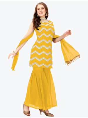 Yellow Faux Georgette Embroidered Readymade Sharara Suit FABSL21081