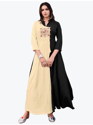black and cream fine rayon embroidered long indo western kurti fabku20627