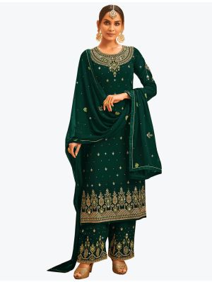 Bottle Green Faux Georgette Embroidered Designer Palazzo Suit thumbnail FABSL21092
