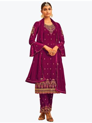 Deep Purple Faux Georgette Embroidered Designer Palazzo Suit small FABSL21095