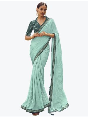 Bottle Green Vichitra Silk Party Wear Crushed Saree small FABSA21851