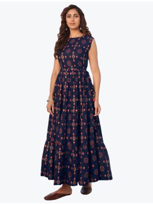 navy blue fine rayon printed long indo western kurti fabku20631